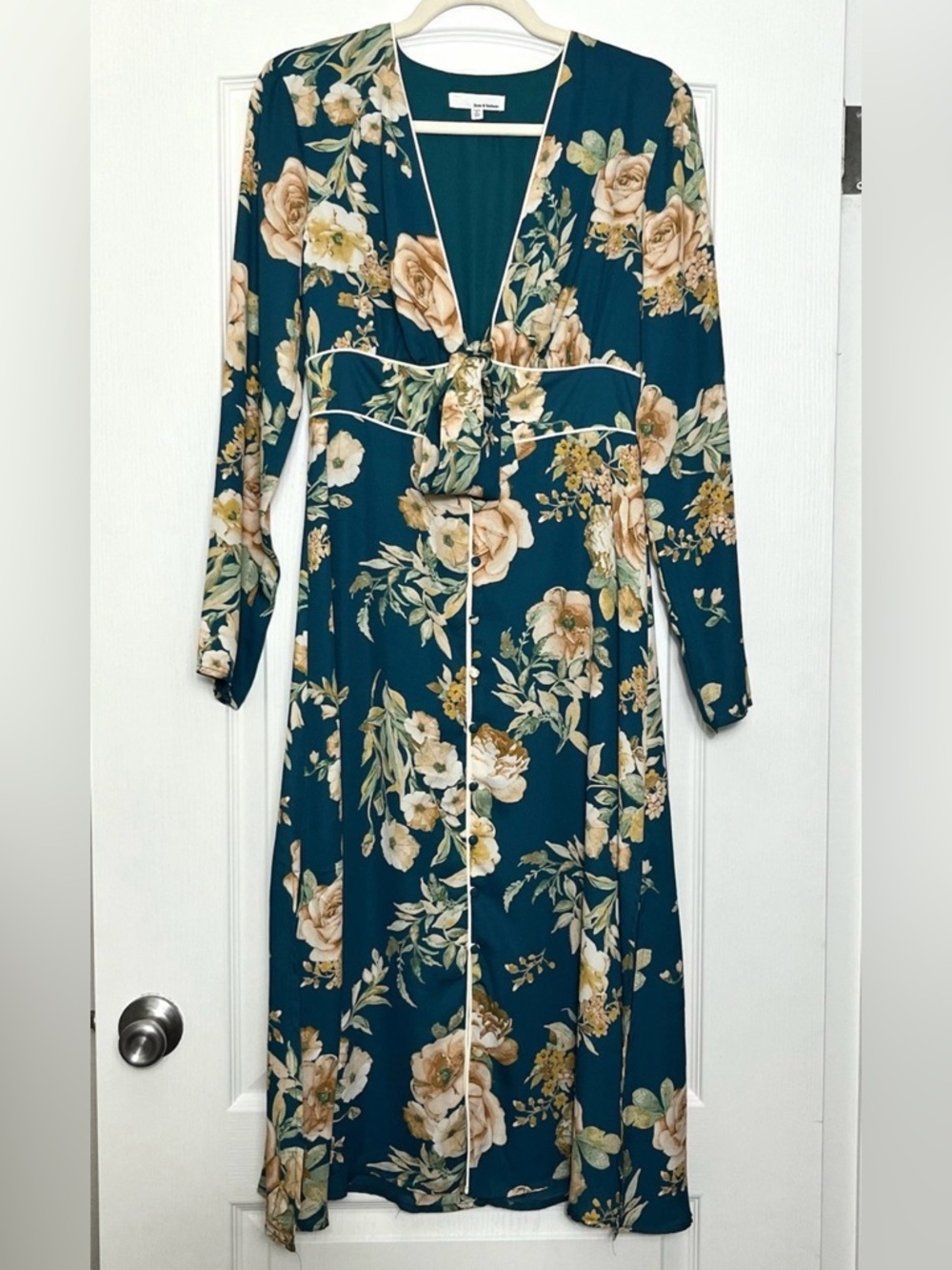 June & Hudson Teal Beige Floral Long Sleeve Button Dress Size M V-Neck Asian